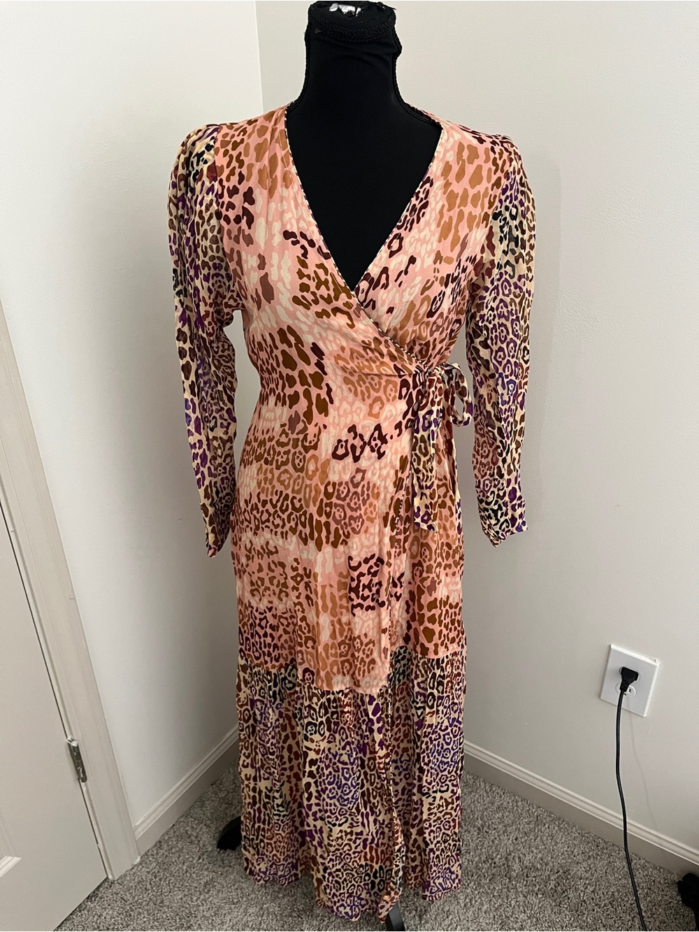 Carolina K Multicolor Animal Print Wrap Maxi Dress Sz XS Boho Designer